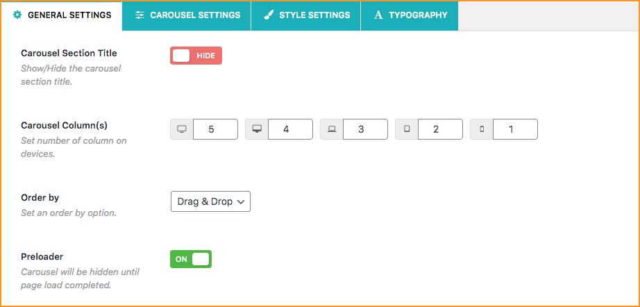 General settings tab of WP Carousel