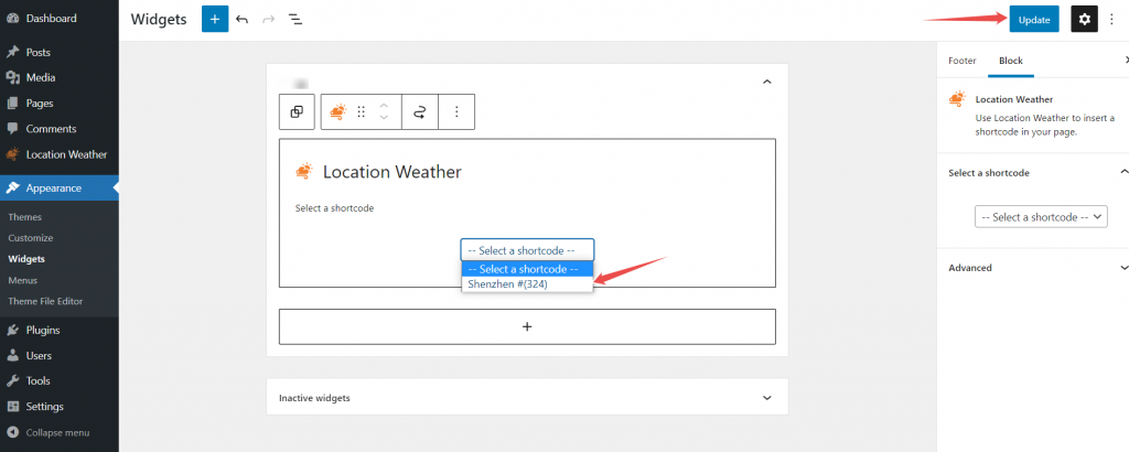 Adding Location Weather widget select shortcode