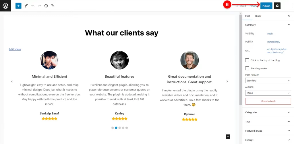 Publish user testimonial showcase