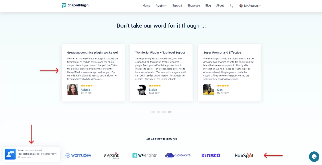 Social proofs on ShapedPlugin landing page