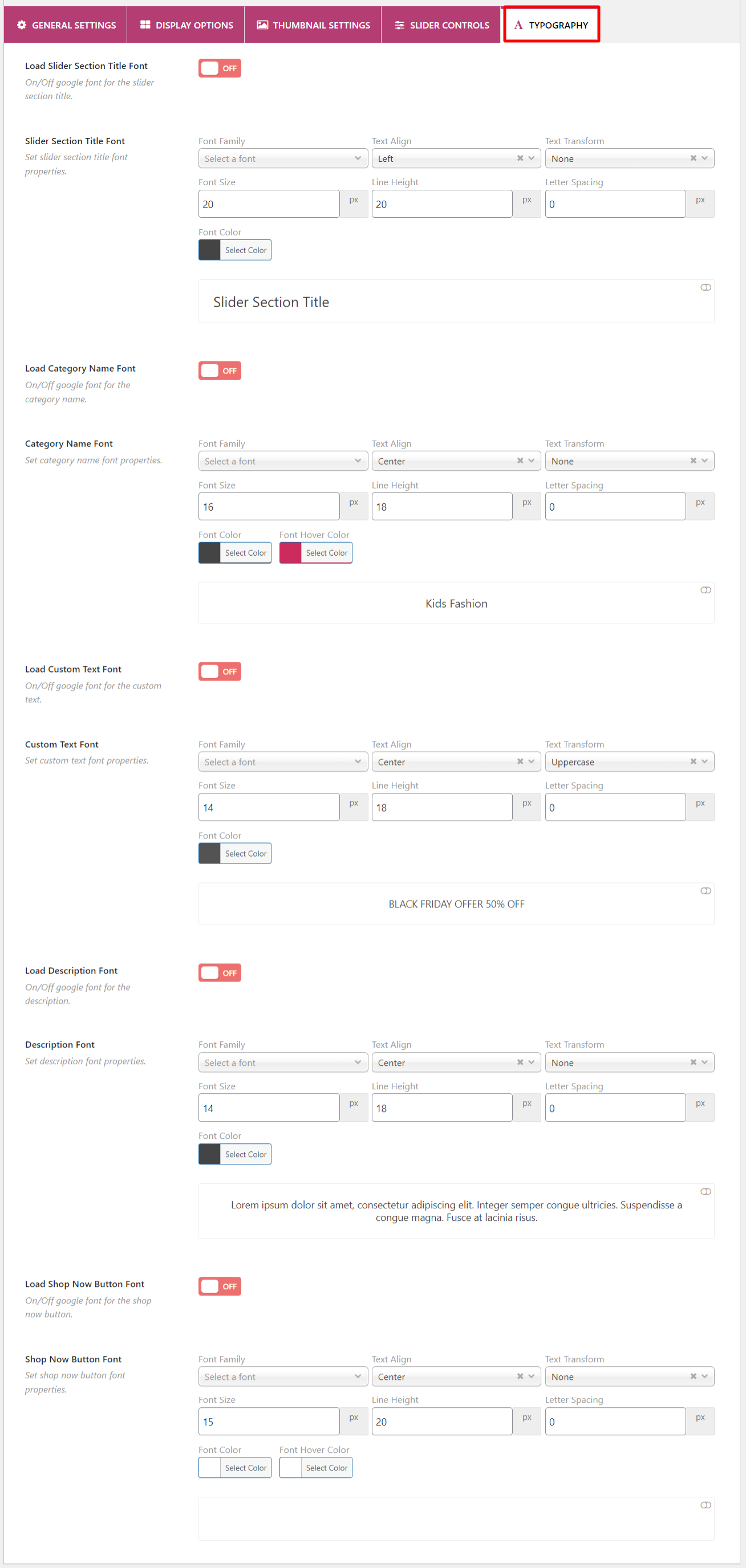 Category Slider for WooCommerce Typography Settings