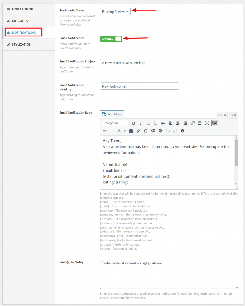 Configuring testimonial form approval status and notification