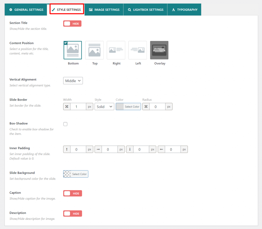 WP Carousel Pro Style settings