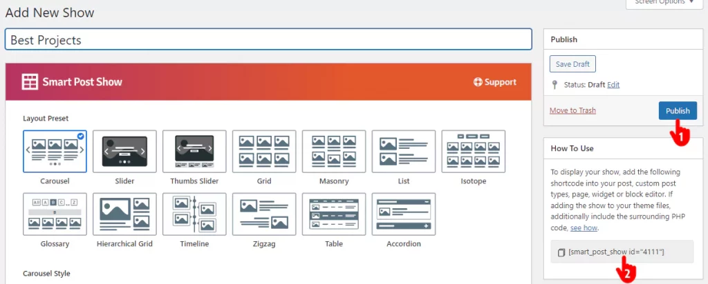 steps to publish a project slider in WordPress