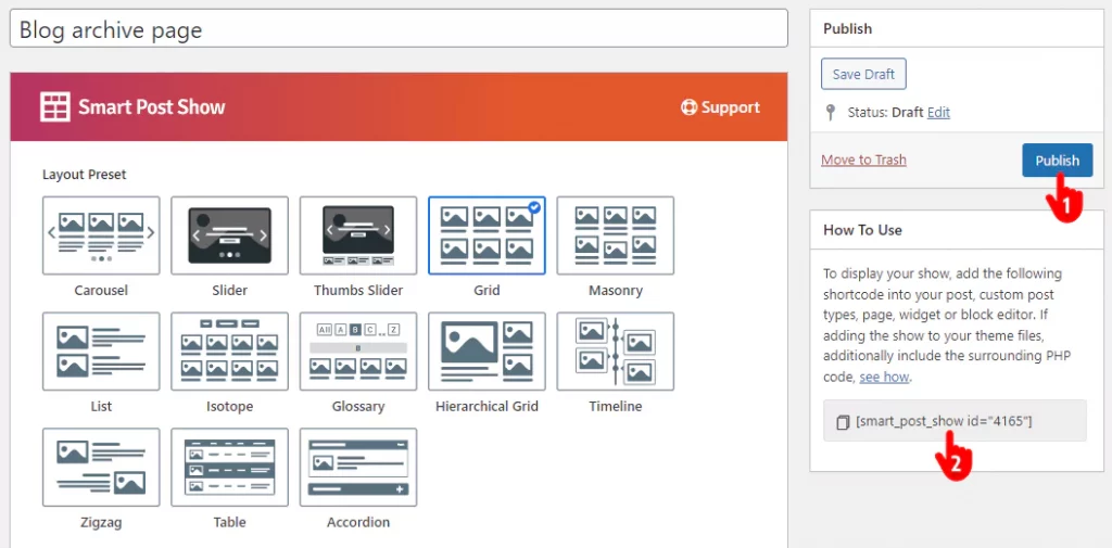 steps to publish a blog grid in WordPress