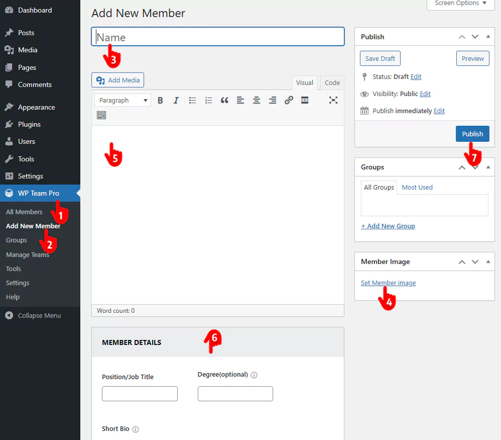 Steps to add members to orgainzation chart in WordPress