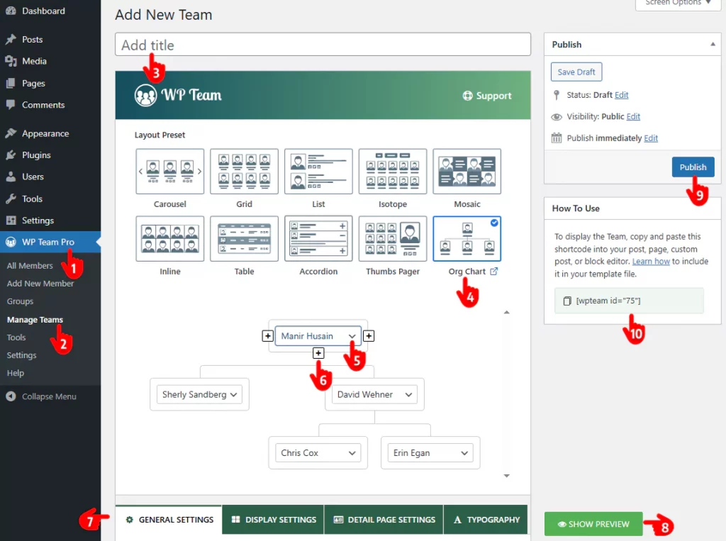 Steps to create an organization chart and customize 