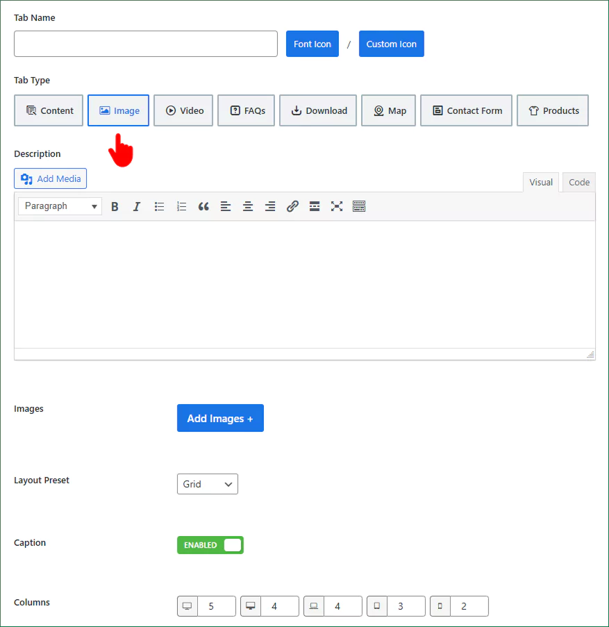 Image tab on product page 