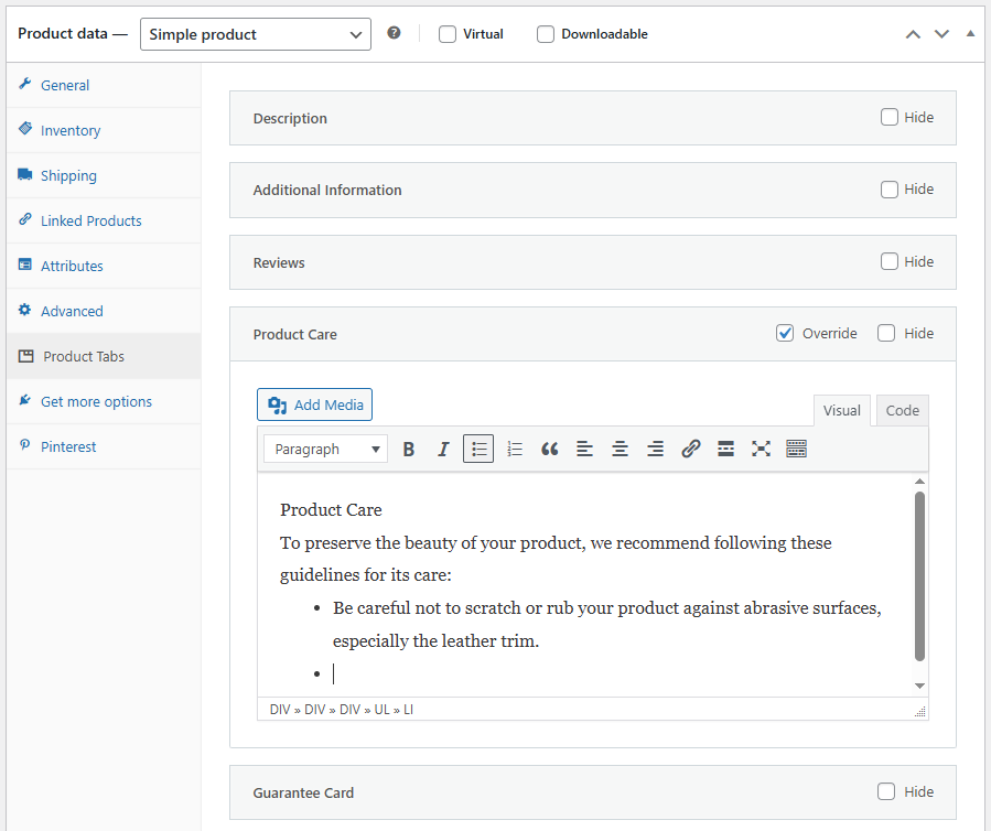 Override the Content of WooCommerce Tabs on Each Product