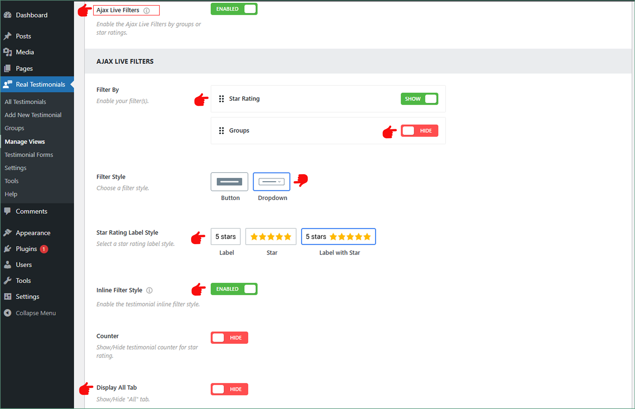 How to configure AJAX Live Filters to create Testimonials Grid in WordPress