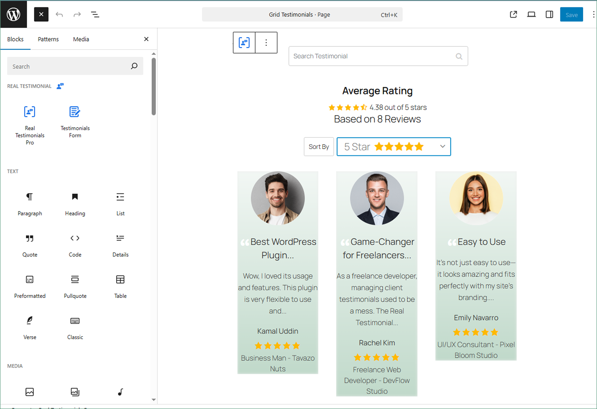 Create Testimonials grid with Gutenbarg Blocks