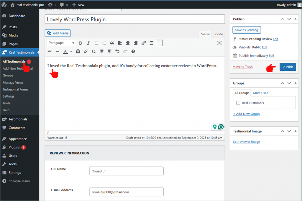 How edits professional testimonials from pending testimonials