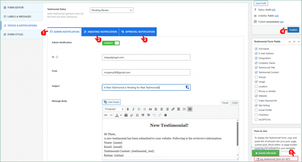 How to edit pending testimonials status