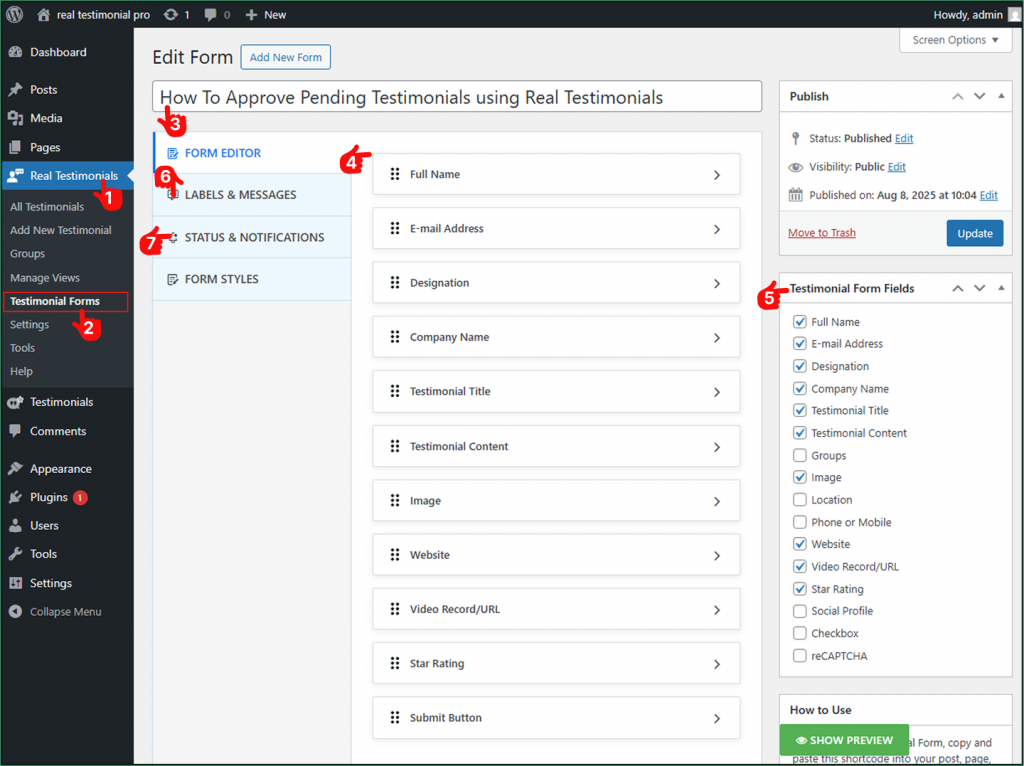 How to edit testimonails forms