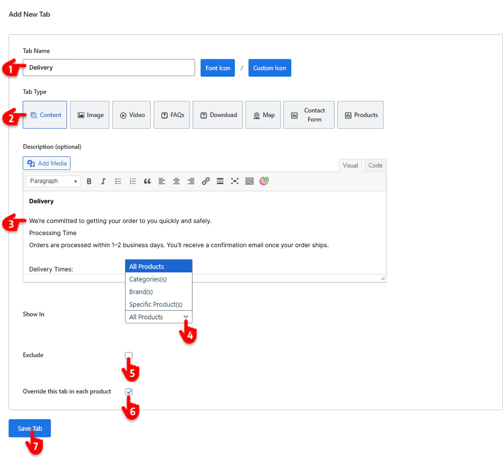 Steps to create product tabs and assign them