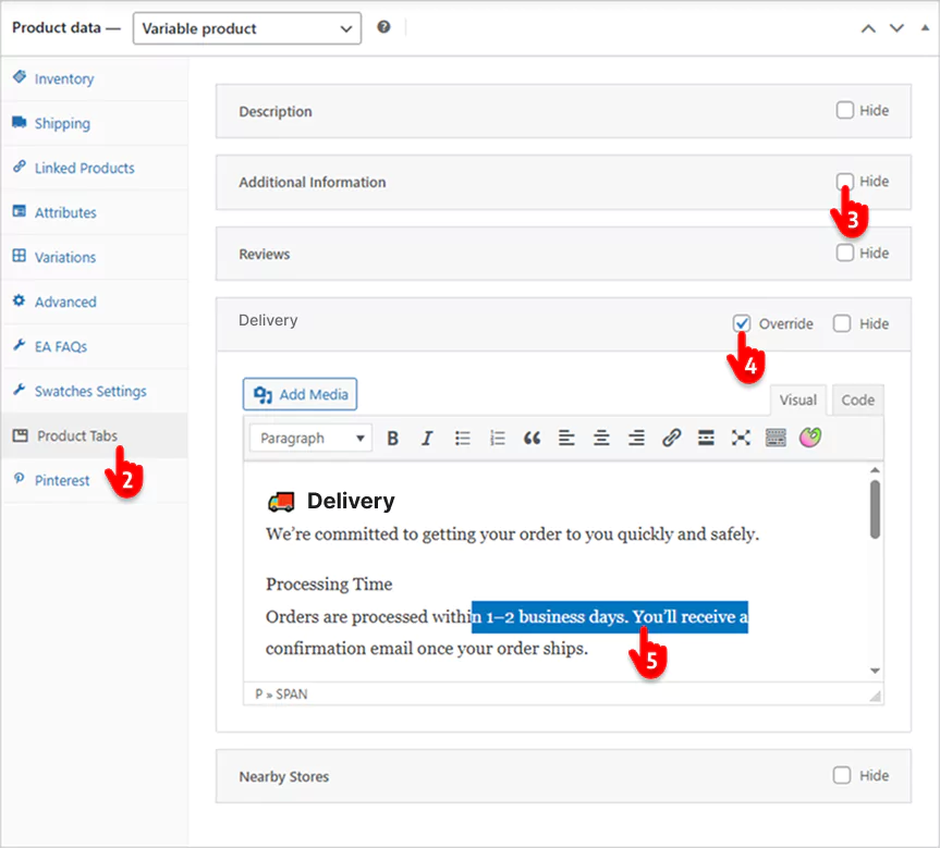 Steps to hide or edit tabs per product