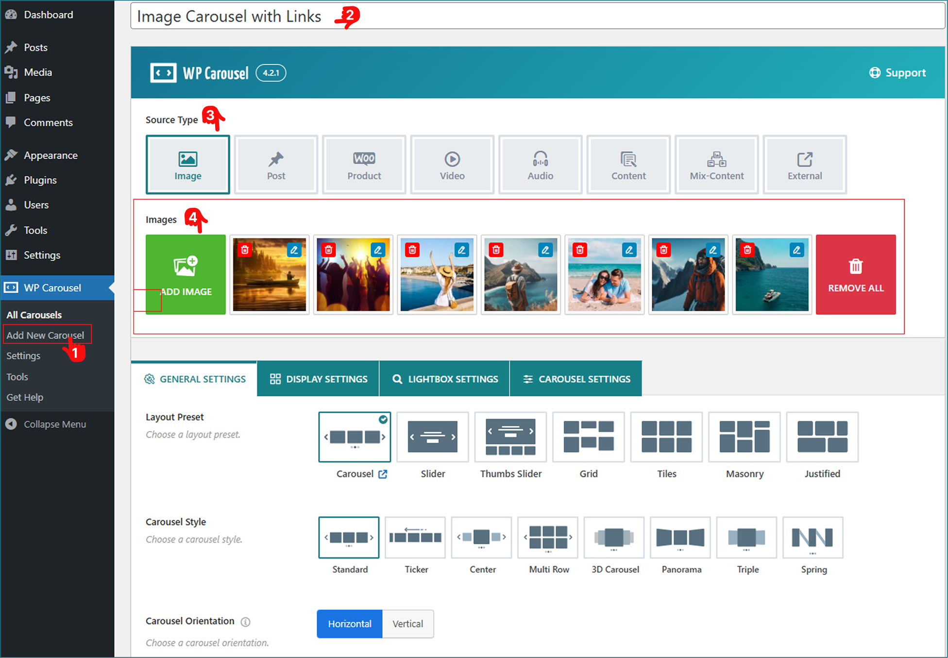 How to add image carousel using WP Carousel