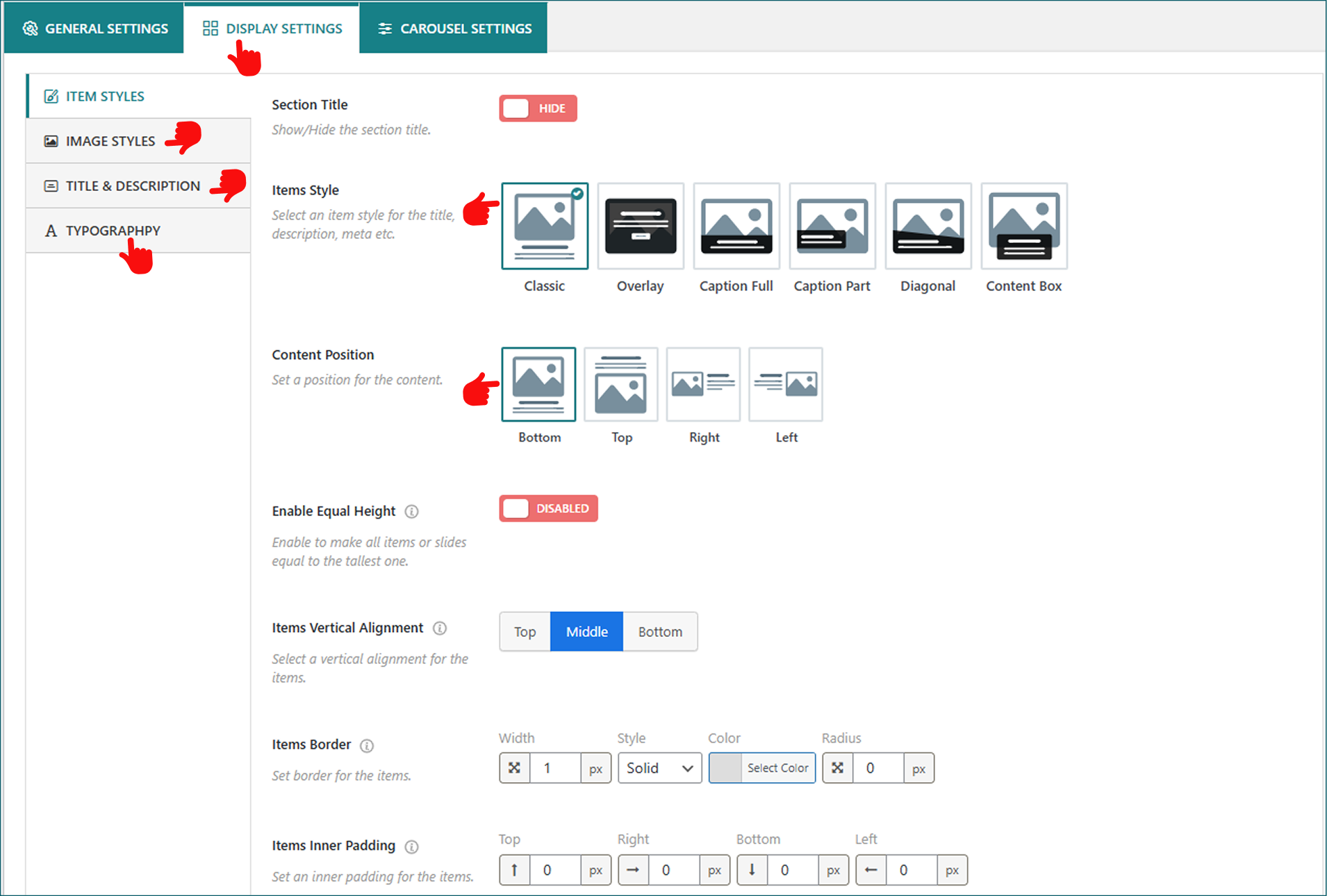 How to edit image carousel display settings 