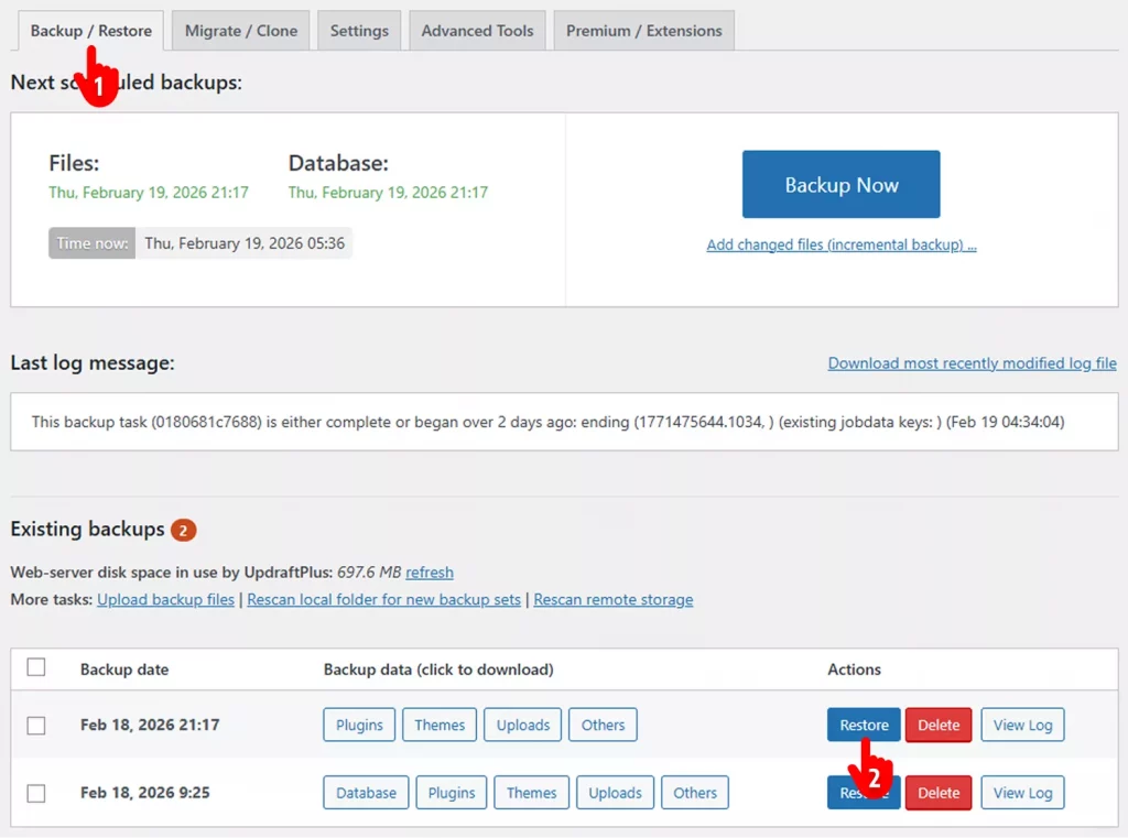 steps to restore a WordPress site backup