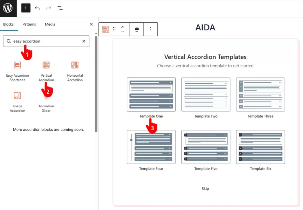 steps to add accordions in Gutenberg editor