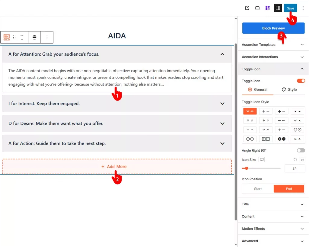 Steps to customize and publish an accordion in Gutenberg editor